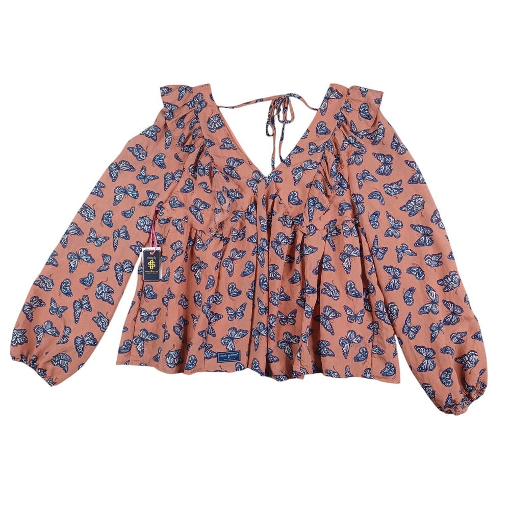 Simply Southern Womens Tie Neck Butterfly Ruffle Puff Sleeve Top XL Boho Peasant